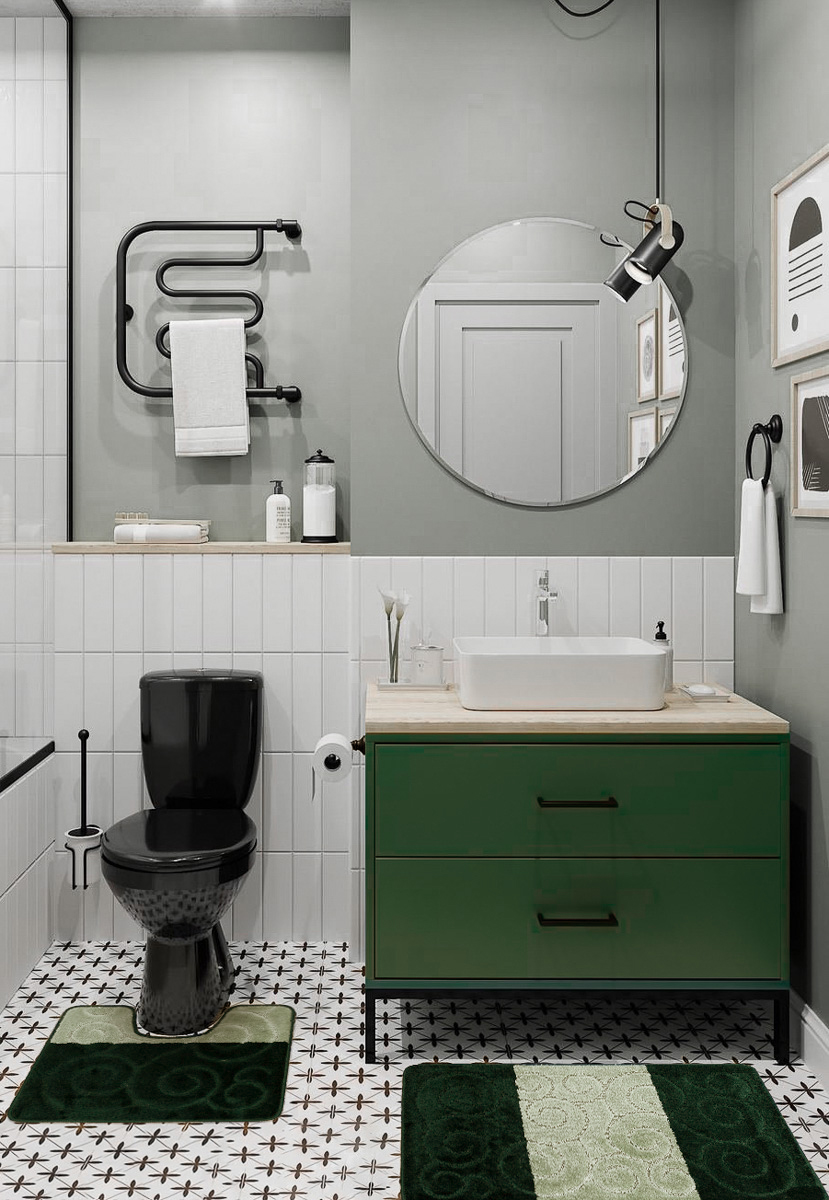 Ванная в зеленых тонах с деревянными элементами