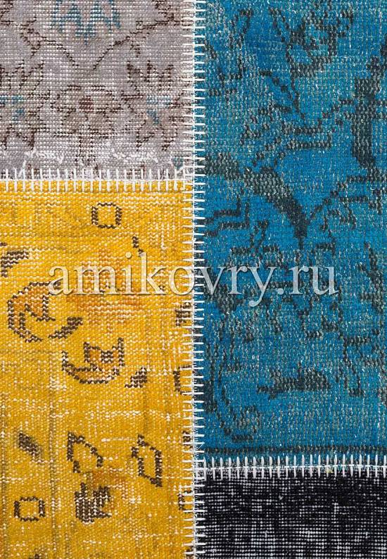 Безворсовый ковер-пэчворк ручной работы 175-Yellow Blue