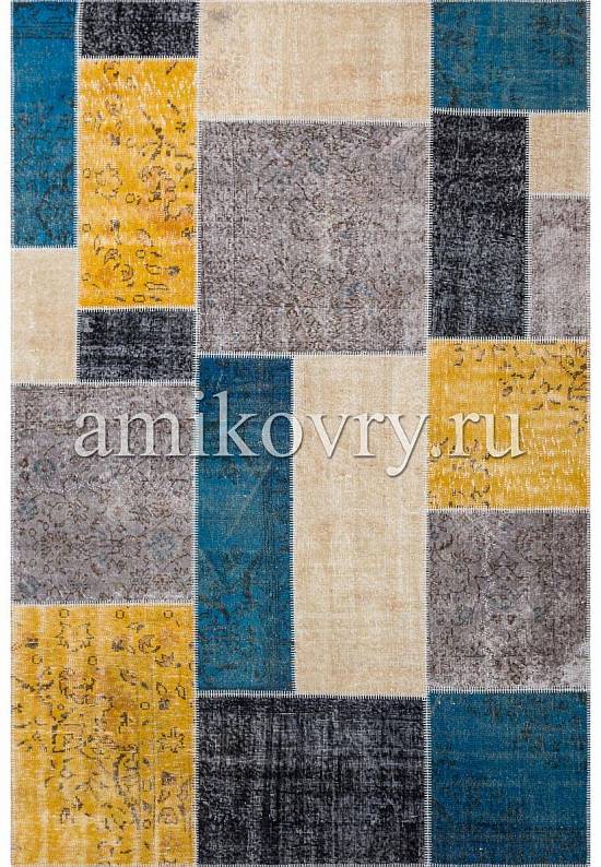 Безворсовый ковер-пэчворк ручной работы 175-Yellow Blue