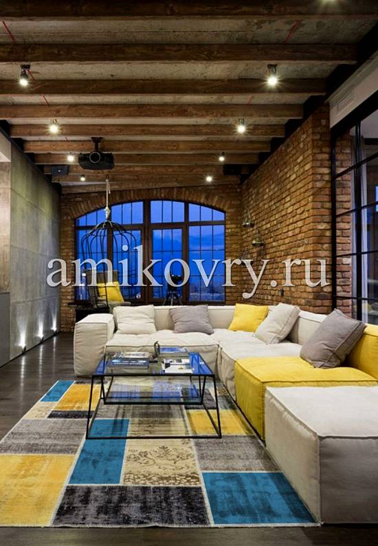 Безворсовый ковер-пэчворк ручной работы 175-Yellow Blue