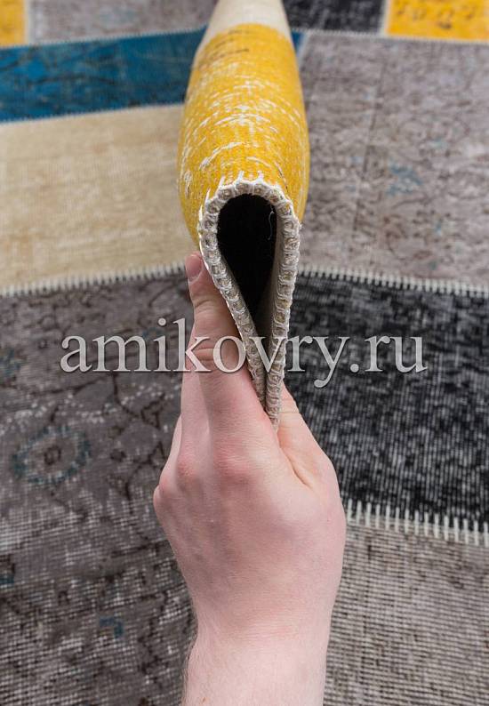 Безворсовый ковер-пэчворк ручной работы 175-Yellow Blue