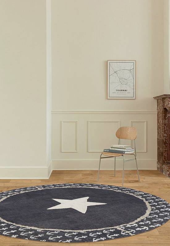 Безворсовый ковер из хлопка JHC-25 round blue-white anchors and star