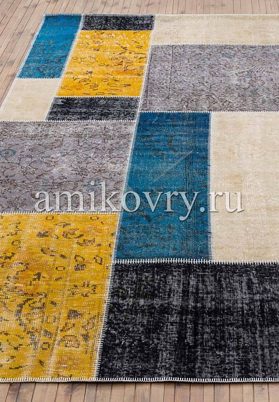 Безворсовый ковер-пэчворк ручной работы 175-Yellow Blue