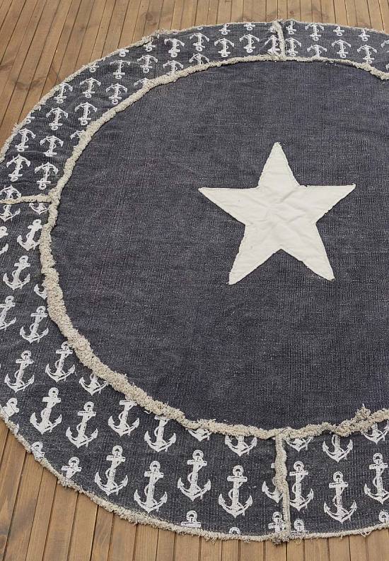 Безворсовый ковер из хлопка JHC-25 round blue-white anchors and star